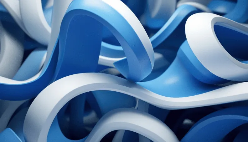 Abstract 3D-printed sculpture of interwoven blue and white curved ribbons