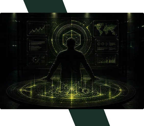 A founder facing a wall of data dashboards — the investor room simulation